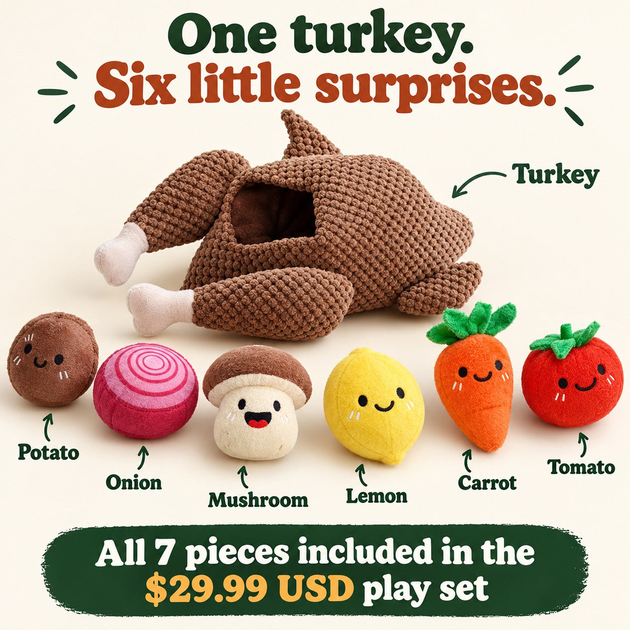 Turkey and six included squeaky vegetable toys