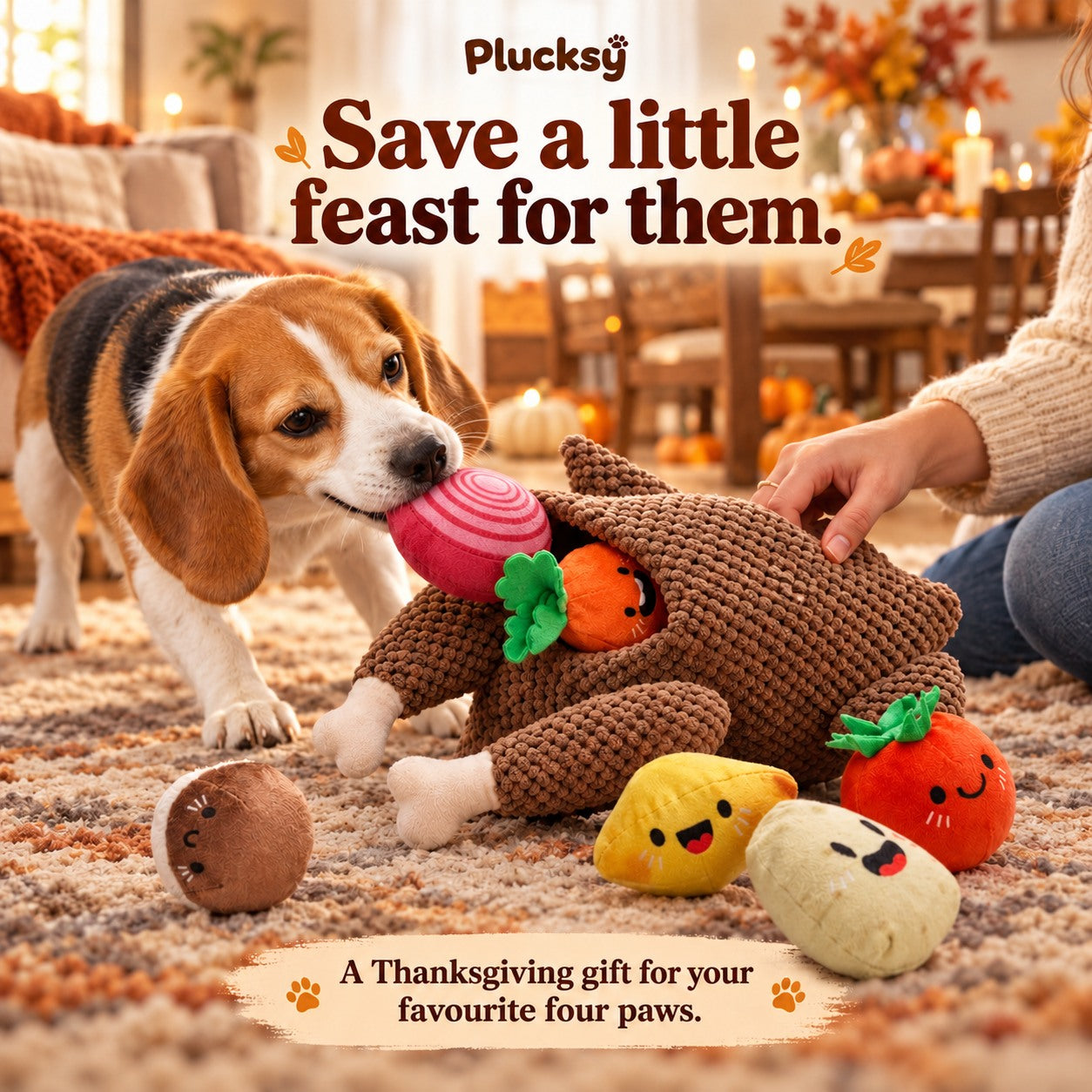 Illustrative scene of a dog finding vegetable toys inside its plush turkey